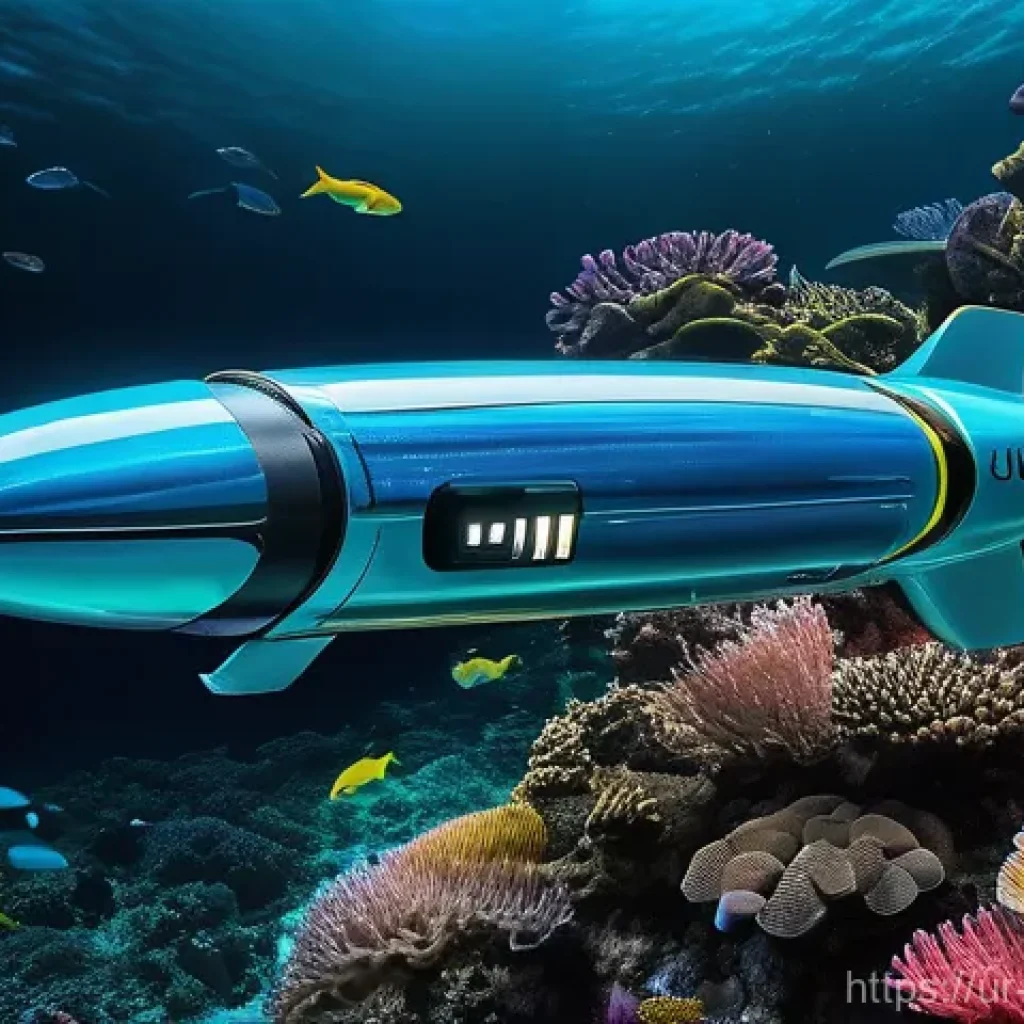 해양학 연구 논문 작성법 - **Futuristic Ocean Discovery:** A sleek, advanced autonomous underwater vehicle (AUV) with gentle, g...