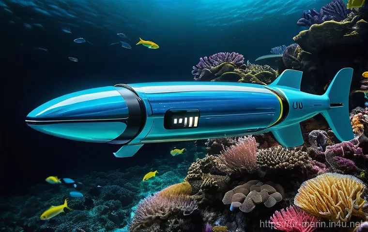 해양학 연구 논문 작성법 - **Futuristic Ocean Discovery:** A sleek, advanced autonomous underwater vehicle (AUV) with gentle, g...