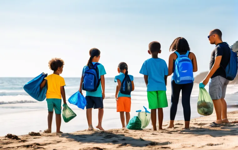 해양 생태계 보존 - **Prompt 1: Community Beach Cleanup**
    "A vibrant, wide-angle shot of a diverse group of people, ...