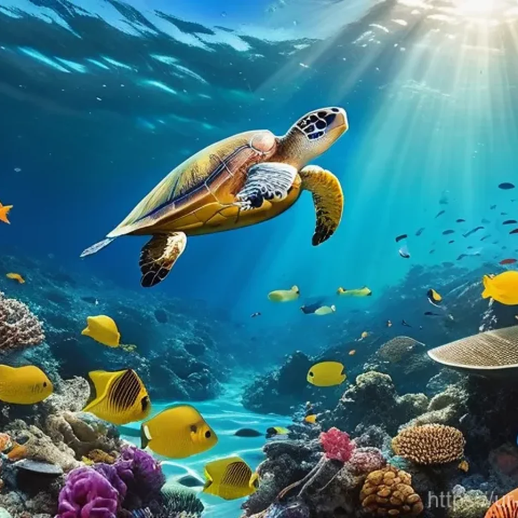 해양 환경 법률 - **Prompt:** An enchanting underwater scene showcasing a healthy, colorful coral reef teeming with di...