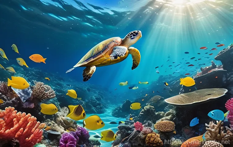 해양 환경 법률 - **Prompt:** An enchanting underwater scene showcasing a healthy, colorful coral reef teeming with di...