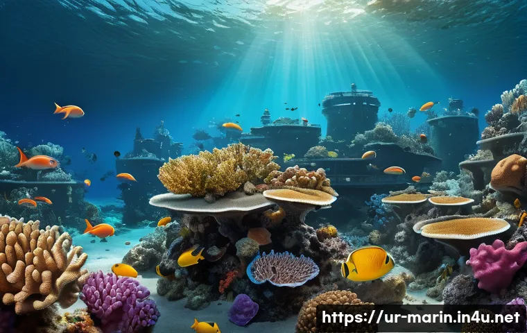 해양 산성화 - A detailed underwater scene showing a vibrant coral reef ecosystem affected by ocean acidification n...