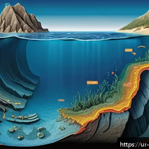 Home 31 해양 지질학 기초 - A detailed scientific cross-section illustration of the oceanic crust beneath the sea, showing multi...