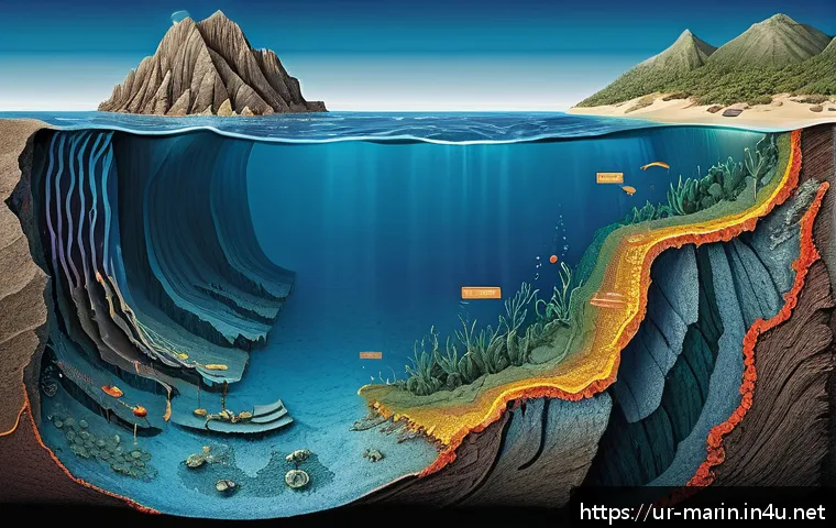 해양 지질학 기초 - A detailed scientific cross-section illustration of the oceanic crust beneath the sea, showing multi...