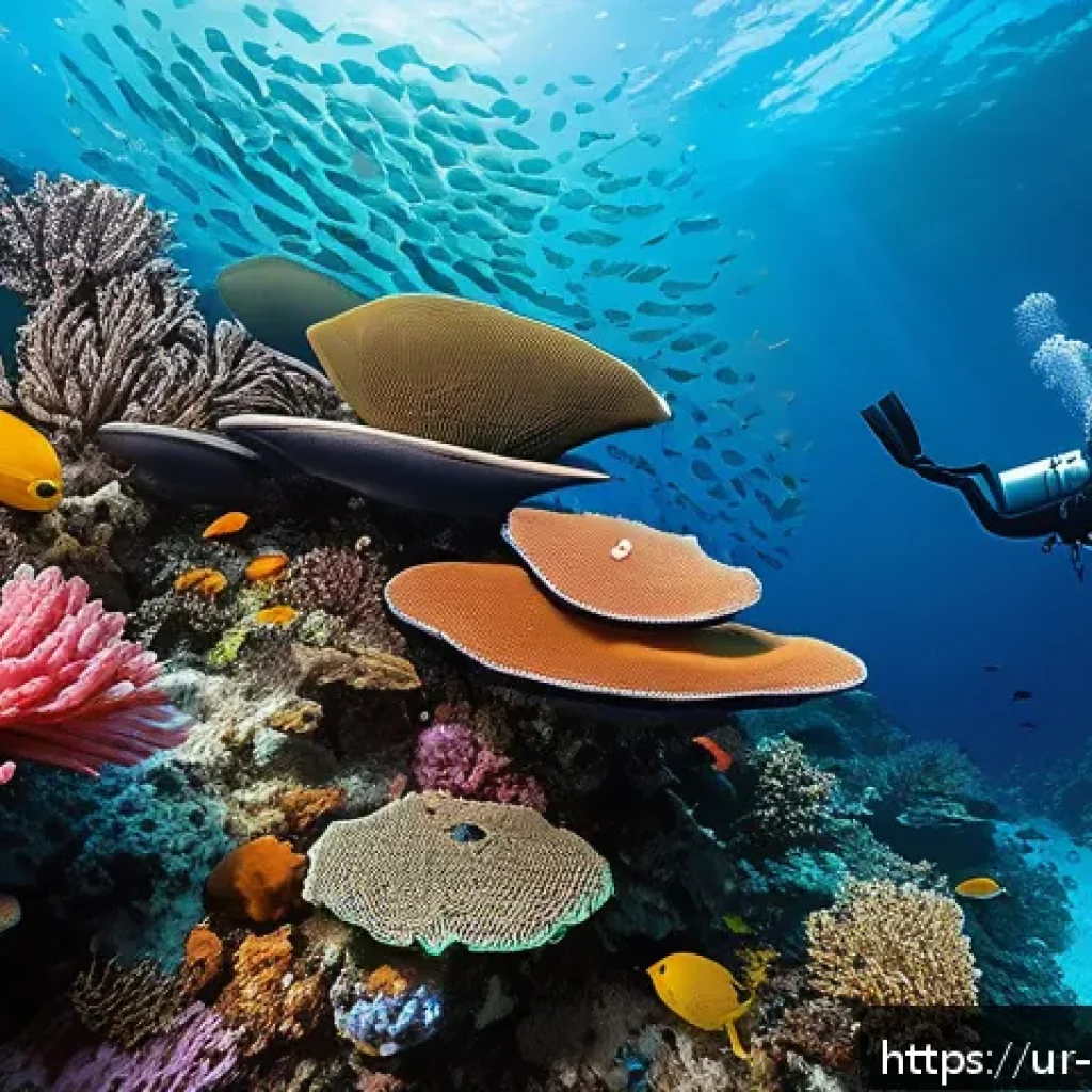 해양학 학술 대회 발표 - A detailed underwater scene showcasing a vibrant coral reef teeming with diverse marine life, includ...