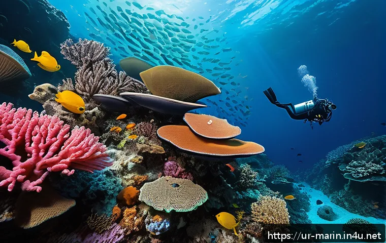 해양학 학술 대회 발표 - A detailed underwater scene showcasing a vibrant coral reef teeming with diverse marine life, includ...