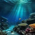 Home 23 해양학 연구 결과 발표 - A vivid underwater scene depicting bioluminescent deep-sea creatures in the dark ocean depths off th...