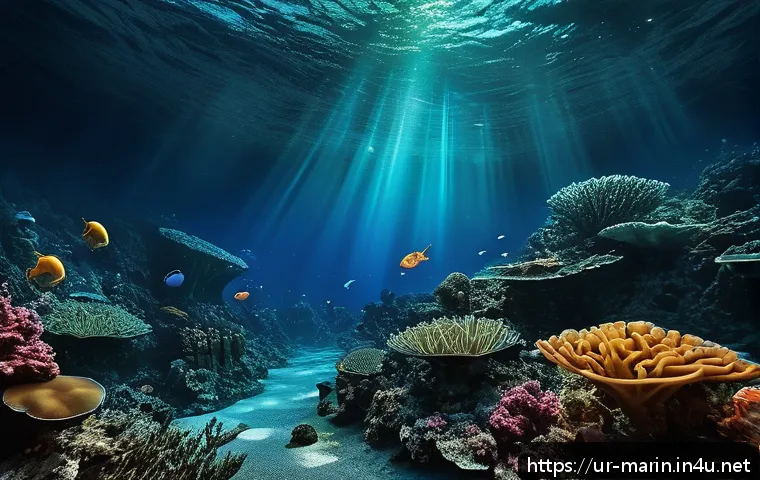 해양학 연구 결과 발표 - A vivid underwater scene depicting bioluminescent deep-sea creatures in the dark ocean depths off th...